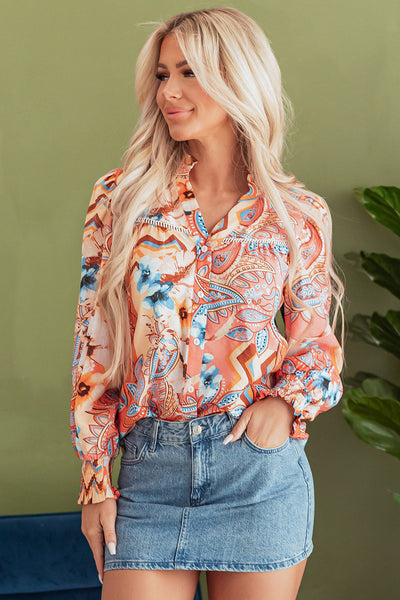 Women's Stylish Orange Floral Print Loose Blouse with Shirred Cuffs and Button Detail - Comfortable Casual Top