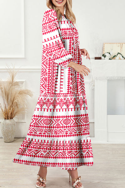Women's Red Bohemian Geometric Maxi Dress with Half Sleeves