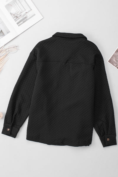 Women's Black Retro Quilted Shacket with Flap Pockets - Chic Button-Up Overshirt for Effortless Casual Style