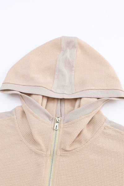 Plus Size Casual Coat, Women's Plus Colorblock Double Zip Up Long Sleeve Drawstring Nipped Waist Ruched Hooded Coat