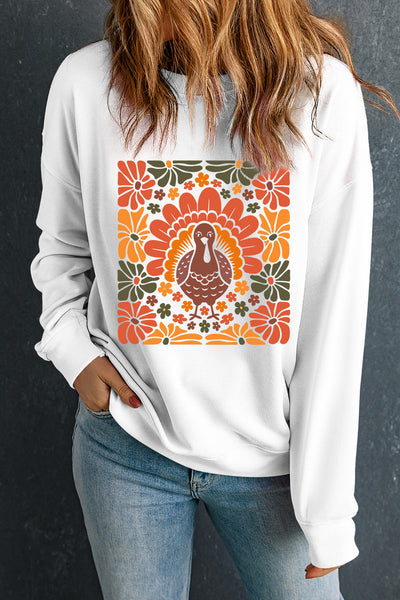Women's Retro Turkey Floral Graphic Sweatshirt - Relaxed Fall Fit