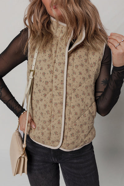 Stylish Women's Khaki Floral Quilted Vest with Concealed Buttons - Perfect Layering Piece for Spring & Summer Outfits
