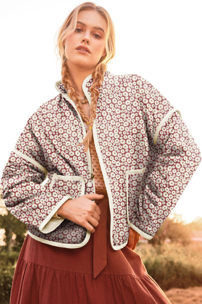 Women's Pink Floral Print Jacket with Contrast Edges, Stand Neck, and Pockets - Stylish & Functional Outerwear
