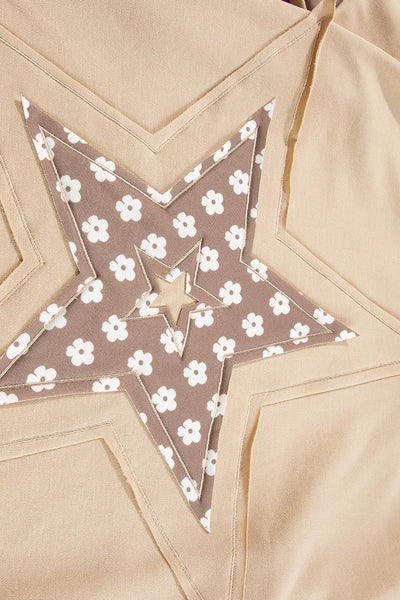 Women's Apricot Floral Patchwork Hoodie with Star Design and Adjustable Drawstring - Casual and Stylish Pullover