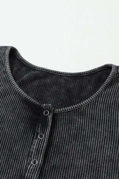 Vintage Black Ribbed Snap Button Bodysuit with Mineral Wash Hue