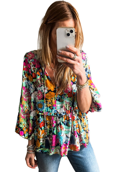 Chic Women's Multicolor Floral Ruffled Blouse with Bubble Sleeves and V-Neck for Effortless Everyday Style