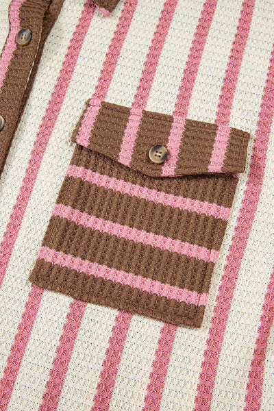 Trendy Women's Multicolor Striped Knit Shacket with Contrast Patchwork, Button Pockets, and Stylish Raw Hem