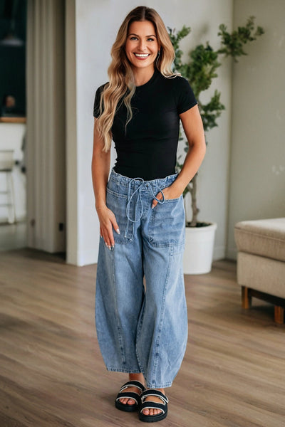 High-Waisted Cotton Blend Barrel Jeans in Medium Blue with practical styling and dependable silhouette control.