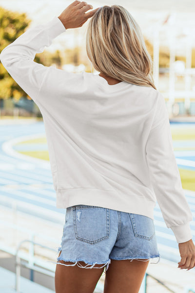 Women's White Graphic Sweatshirt with Drop Shoulders for Stylish Game Day Comfort and Effortless Casual Wear