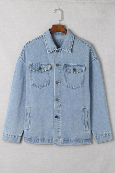 Light Wash Denim Jacket with Leopard Print