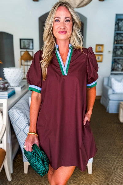 Burgundy Striped Mini Dress for Women - Stylish Puff Sleeves & Notched V-Neck, Ideal for Casual or Dressy Events
