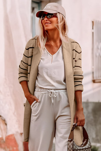 Chic Women's Black Stripe Open Cardigan with Shawl Neckline and Pockets - Cozy Layering Essential for Every Occasion
