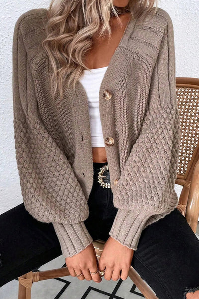Cozy Women's V-Neck Cardigan Sweater with Mixed Textures - Stylish Fall Layering Essential in Warm Tones