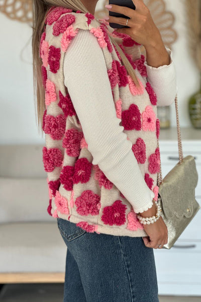 Women Cozy Rose Red Plush Open Front Vest with Floral Embellishments - Chic Layering Essential for Any Occasion