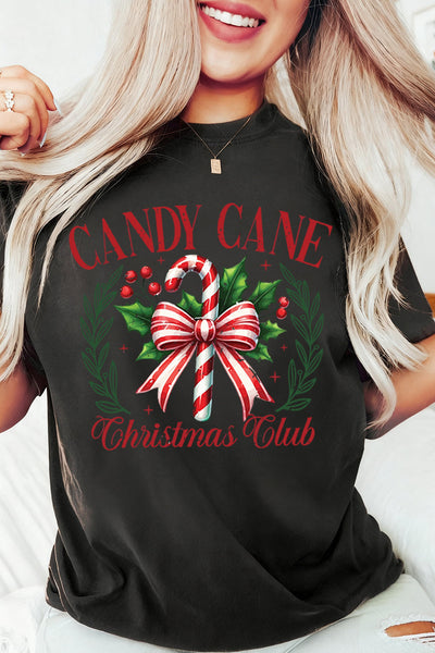 Women's Candy Cane Christmas Club Graphic Tee in Premium Black Jersey made for easy styling and wardrobe coordination, with premium-like structure and