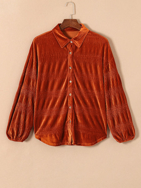 Women's Velvet Orange Lantern Sleeve Button Up Shirt
