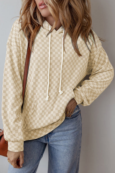 Casual Women's Khaki Checkered Hoodie with Drawstring & Kangaroo Pocket - Perfect Everyday Comfort Wear