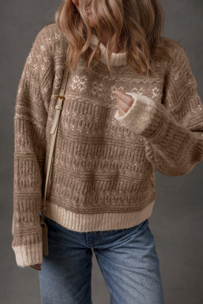 Stylish Women's Dark Brown Geometric Knit Sweater with Contrast Colors and Drop Sleeves Ideal for Casual Layering