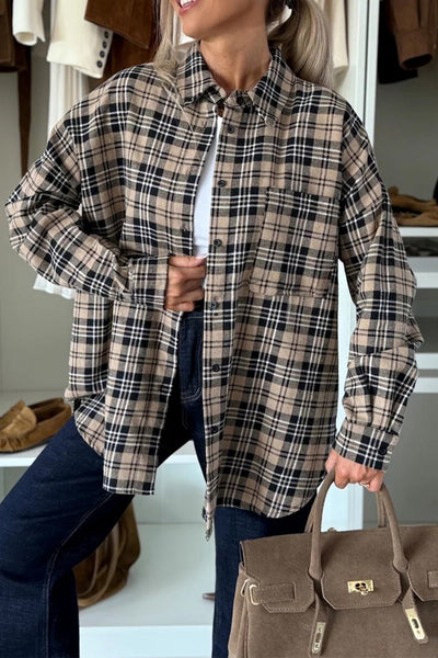 Women's Plaid Tunic Shacket in Parchment - Trendy Layering Top for Fall with Comfortable Fit and Versatile Style