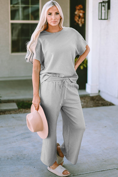 Women's Gray Textured Lounge Set Relaxed Fit T-Shirt & Drawstring Pants for Ultimate Comfort and Chic Style