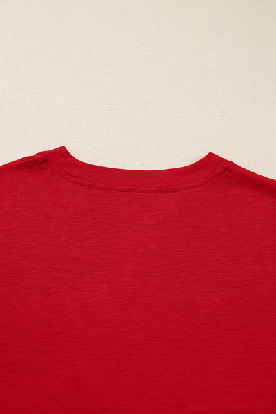 Women's Racing Red Button V-Neck Blouse with Relaxed Silhouette