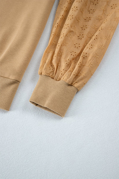 Stylish Women's Pale Khaki Round Neck Sweatshirt with Patchwork Sleeves - Comfortable Casual Top for Everyday Style