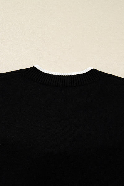 Women's Black Cropped Sweater with Bow Detail and Contrast Trim for Chic Holiday Style and Cozy Comfort