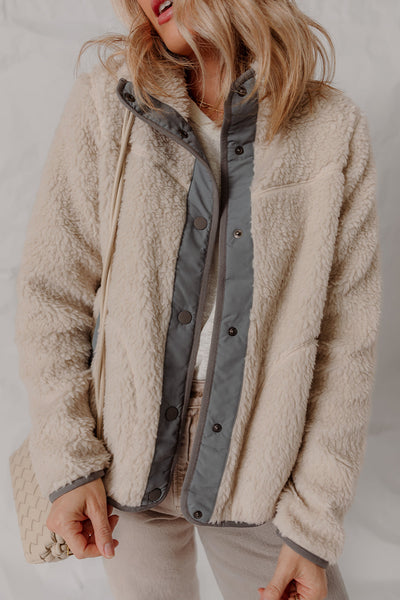 Cozy Women's Oatmeal Sherpa Fleece Winter Jacket with Snap Buttons & Contrast Trim for Ultimate Warmth and Style