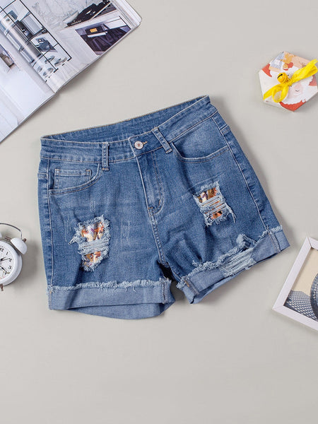 Ripped Fringed Denim Shorts Straight-breasted Pant