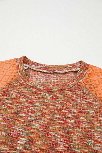 Stylish Women's Orange Heathered Knit Long Sleeve Blouse with Floral Lace Patchwork - Comfortable Everyday Top