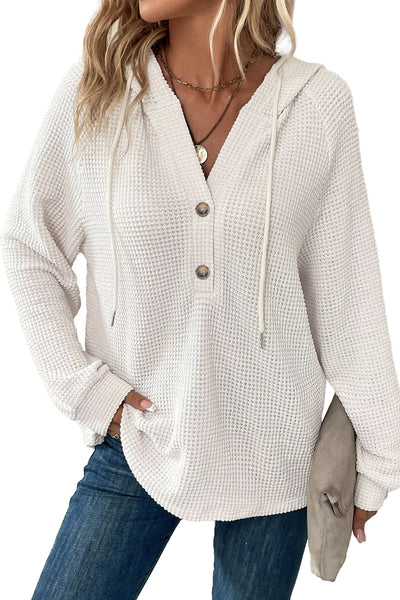 Cozy Women's White Thermal Waffle Knit Hoodie with Drawstring, Button V-Neck, and Relaxed Fit for Ultimate Comfort