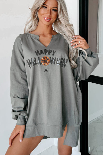 Women's Relaxed Fit Medium Grey Sequin Halloween Graphic Long Sleeve Top with Notched Neck - Festive and Stylish