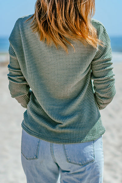 Women's Cozy Green Waffle Knit Long Sleeve Top with Drop Shoulders Casual Chic Style for Effortless Everyday Wear