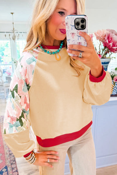Chic Beige Women's Colorblock Bowknot Raglan Sleeve Top with Stylish Printed Patchwork for Casual Outfits