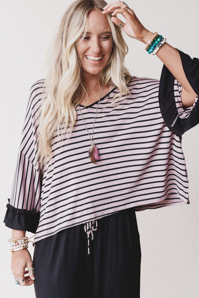 Stylish Black Striped 2-Piece Women's Set: Relaxed Drop Shoulder Top with Ruffled Sleeves & Comfy Drawstring Pants