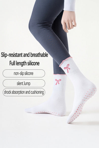 Women's Cotton-Polyester Bow Crew Socks with Non-Slip Grips