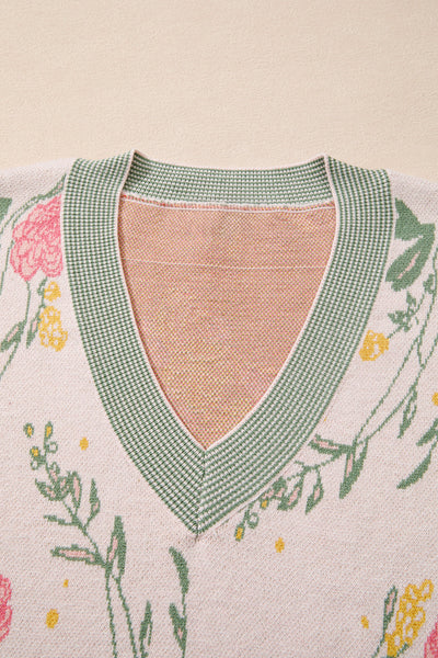 Women's Floral V-Neck Viscose Blend Knit Sweater in Soft Pink