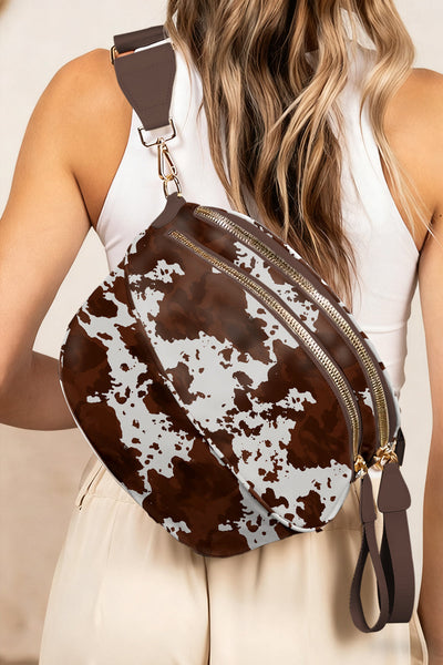 Women's Coffee Cow Print Crescent Crossbody Bag