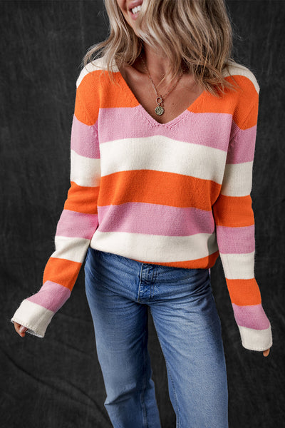 Stylish Women's Orange Striped Colorblock V-Neck Sweater - Casual Comfort for Everyday Chic Looks made for easy styling and wardrobe coordination,