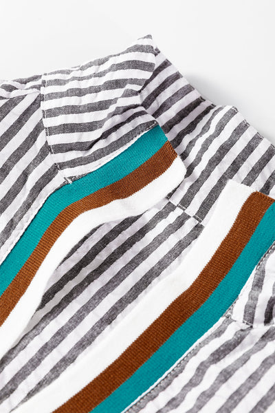 Women's Dark Grey Striped Cotton-Blend Split Neck Blouse