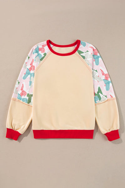 Chic Beige Women's Colorblock Bowknot Raglan Sleeve Top with Stylish Printed Patchwork for Casual Outfits