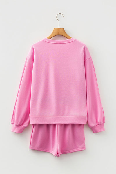 Women's Sachet Pink Bow Embroidered Sweatshirt and Shorts Set