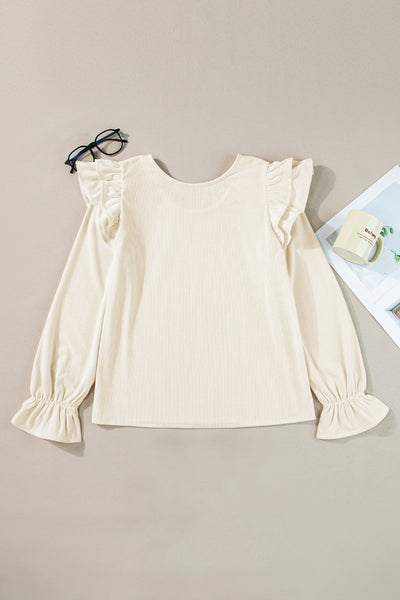 Stylish Women's Beige Corduroy Blouse with Ruffled Sleeves Comfortable Everyday Top for Effortless Chic Looks
