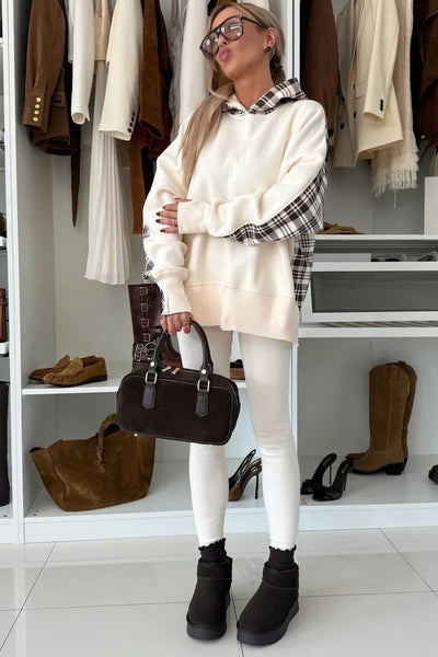 Trendy Women's Beige Plaid Patchwork Sweatshirt with Side Slit - Cozy Casual Fall Fashion Essential