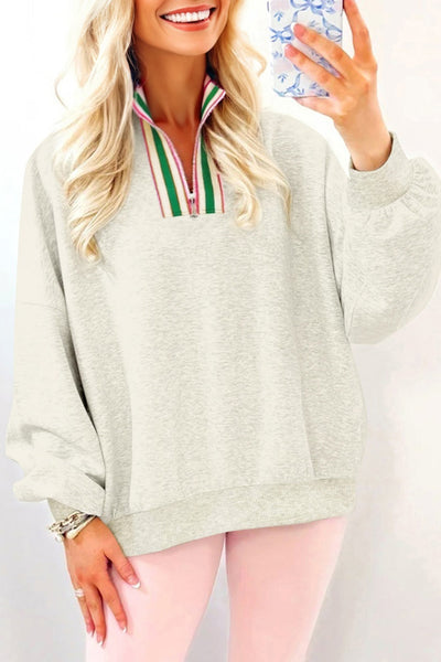 Women's Light Grey Striped Zip Collar Pullover Sweatshirt - Trendy, Comfortable Casual Layering Top for Everyday Wear