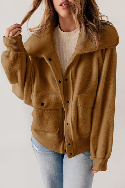 Women's Camel Sherpa Fleece Bomber Jacket with Oversized Shawl Collar