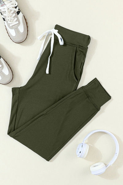 Women's Comfortable Moss Green Joggers with Drawstring, Elastic Waist, and Pockets - Casual Everyday Style