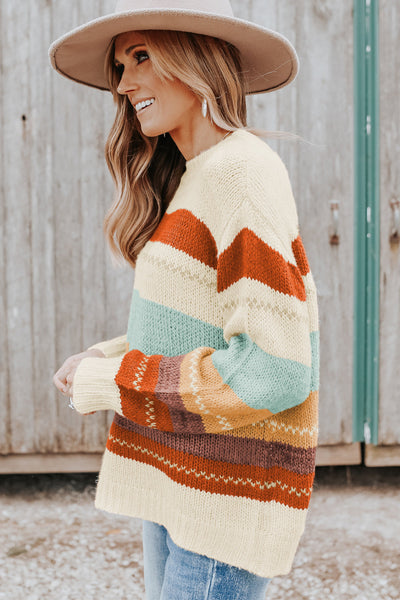 Cozy Women's Striped Color Block Sweater with Crew Neck & Drop-Shoulder Design Trendy Layering Essential in Soft Knit