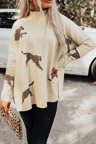 Trendy Women's Parchment Cheetah Print High Neck Sweater with Split Hem - Stylish Casual Knit for Everyday Wear