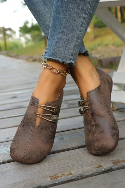 Women's Vintage-Inspired Coffee PU Leather Round Toe Loafers